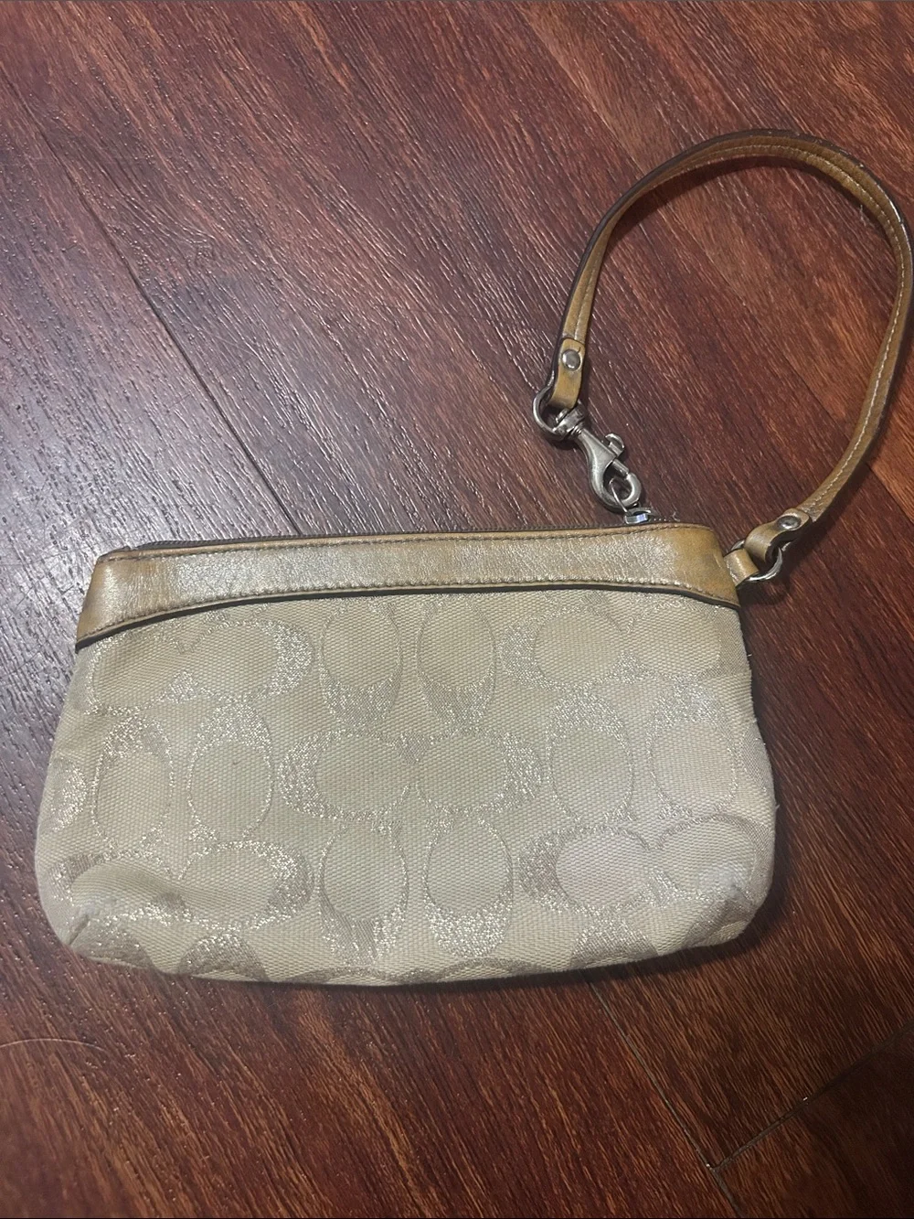 Coach Shimmer Signature Beige Wristlet with Metallic Trim